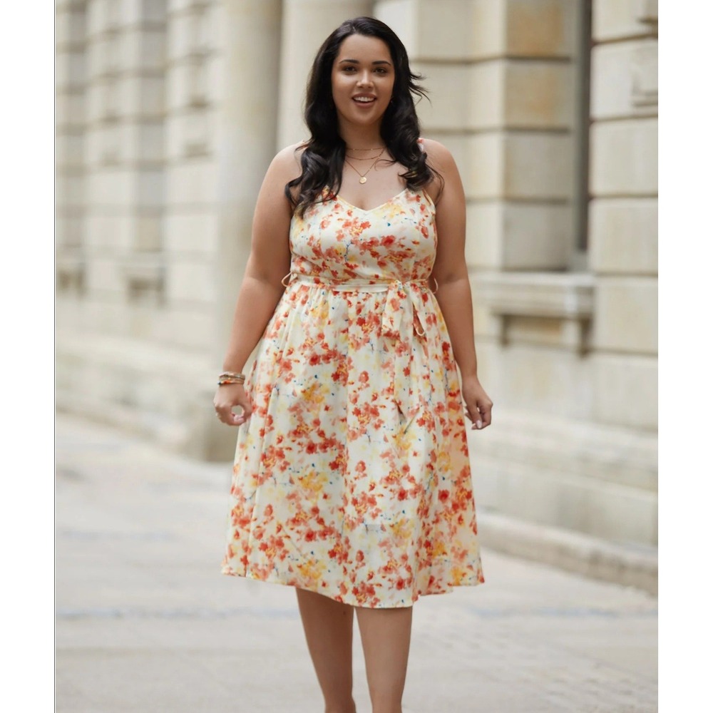 BloomChic Orange Floral Watercolor Midi Dress Plus Size 22-24 Adjustable Straps